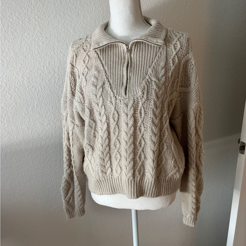 Lucky Brand Cable Knit Zip-Up Sweater - Cream Sz Large